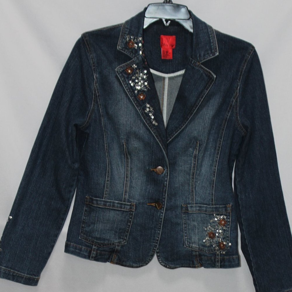 Very Vera Womens Denim Jean Jacket Sequins